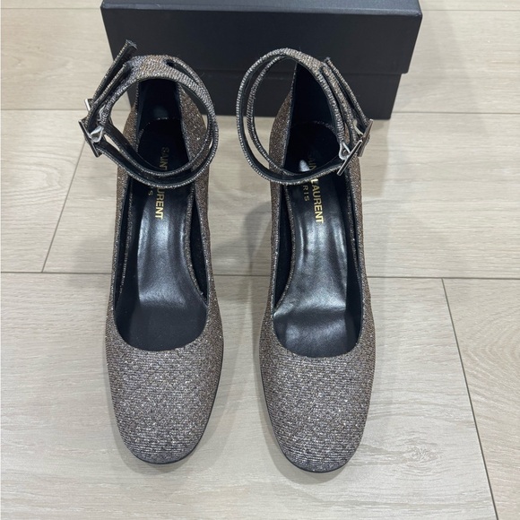 Saint Laurent Silver Metallic Ankle Strap Pump Heels - Picture 6 of 11